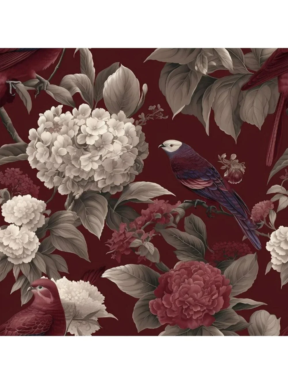 Deep Burgundy Floral Peel and Stick Wallpaper - Vintage Hydrangeas & Birds